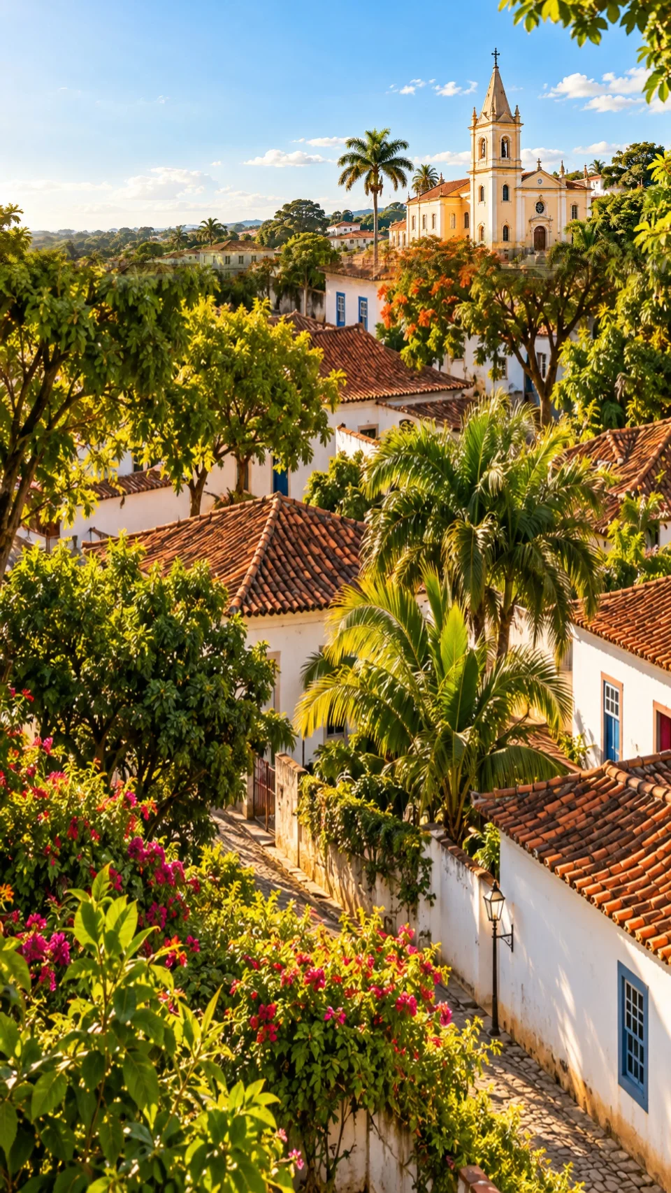 Vista ensolarada de Bambuí com a igreja ao fundo
